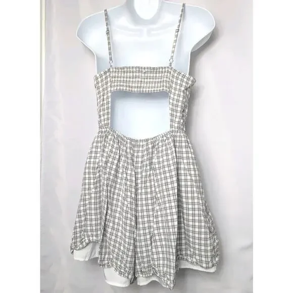 Hollister Plaid Gingham Romper Shorts Pockets Y2K Lined Smocked Size Medium M - Picture 5 of 10